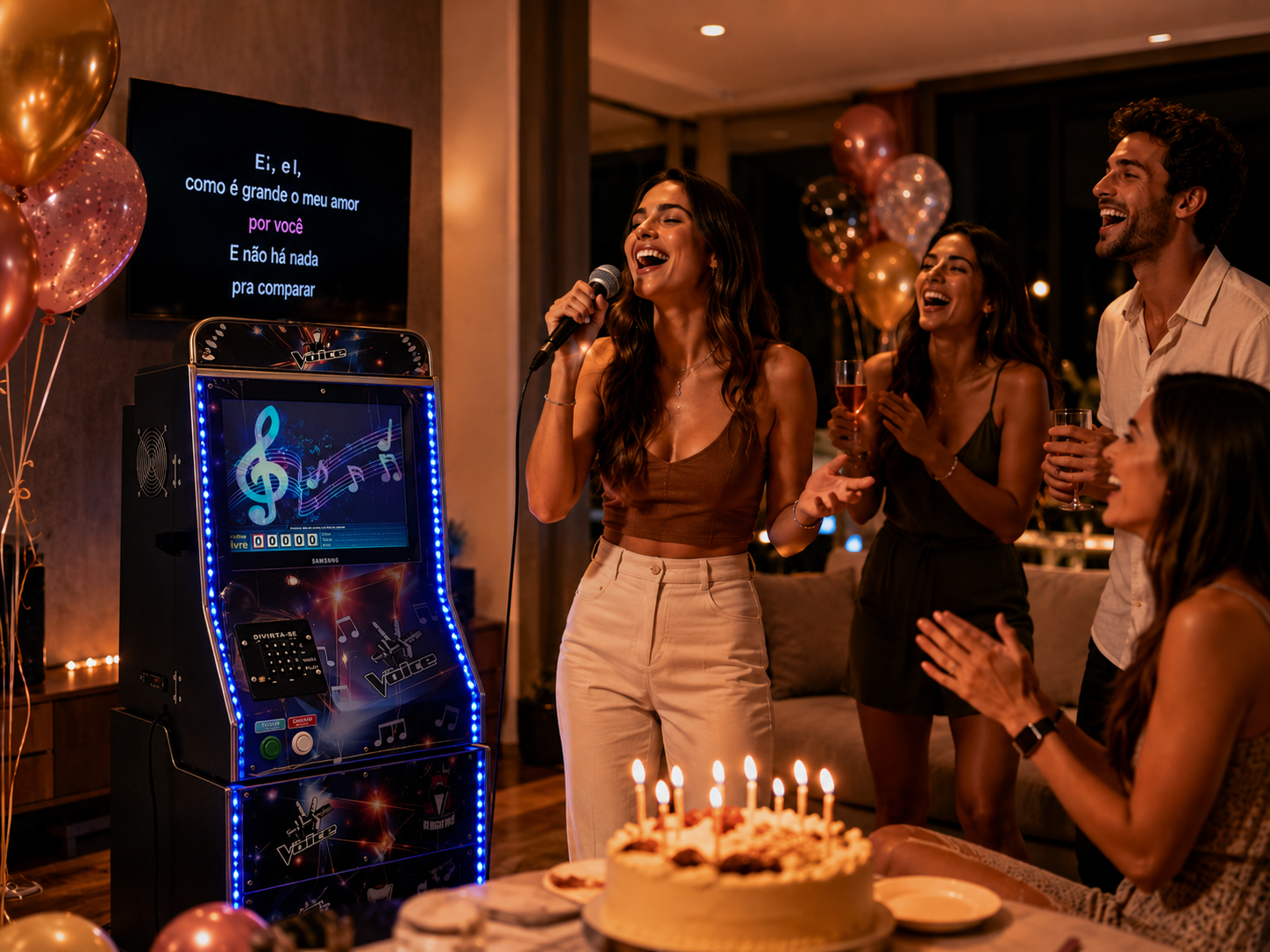 Pessoas cantando em uma festa de aniversário com karaokê