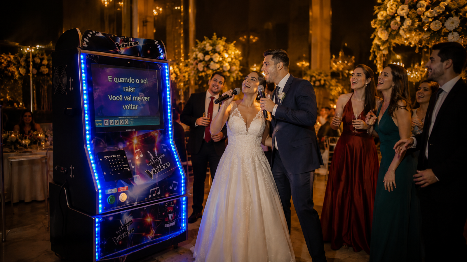 Noivos e convidados cantando em um casamento com karaokê
